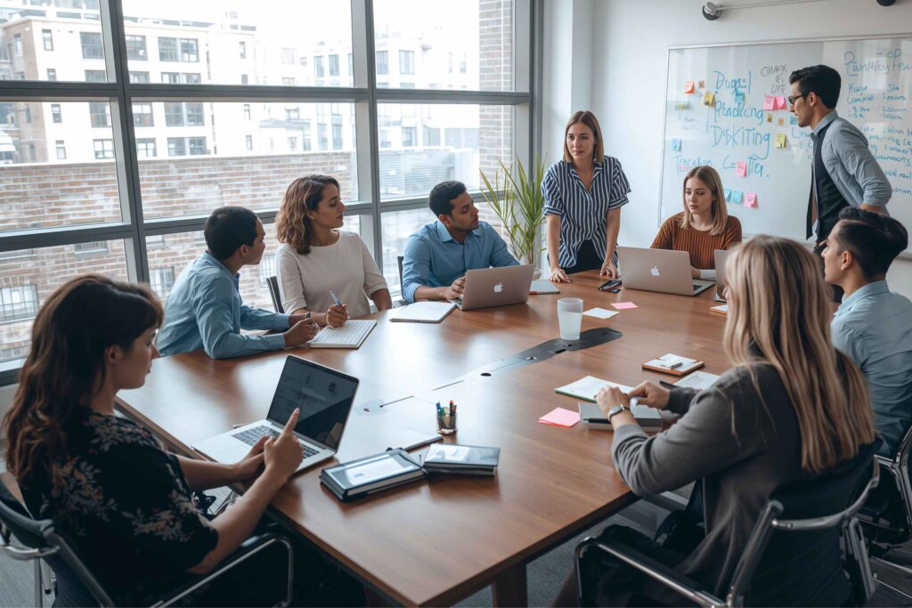 Team of professionals seated around a conference table in a bright office, one person presenting near a whiteboard with sticky notes and laptops open.