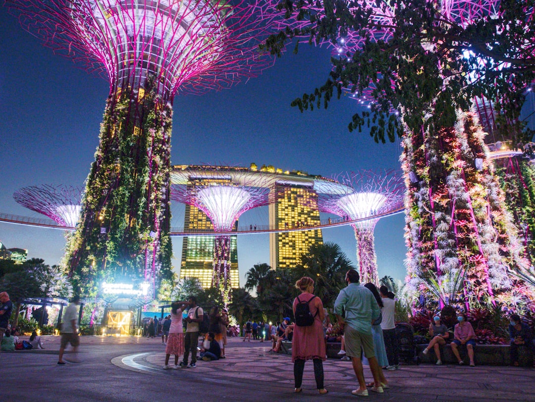 A couple walking beneath the Supertree Grove at night on a budget getaway in Singapore