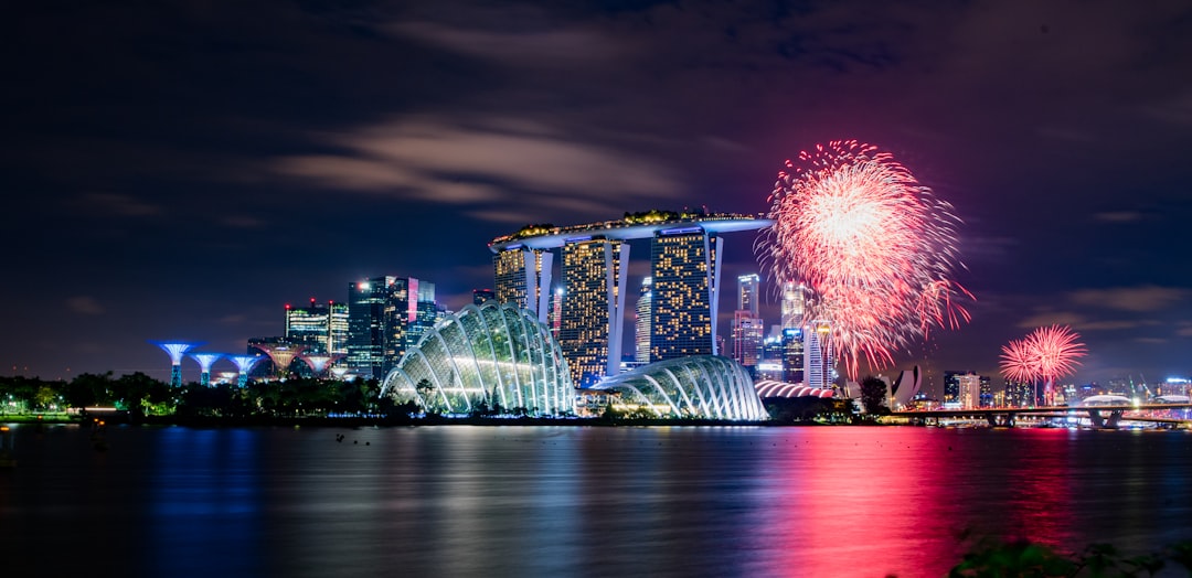 A family watching fireworks at night as part of the National Day Parade celebrations in the Kallang precinct
